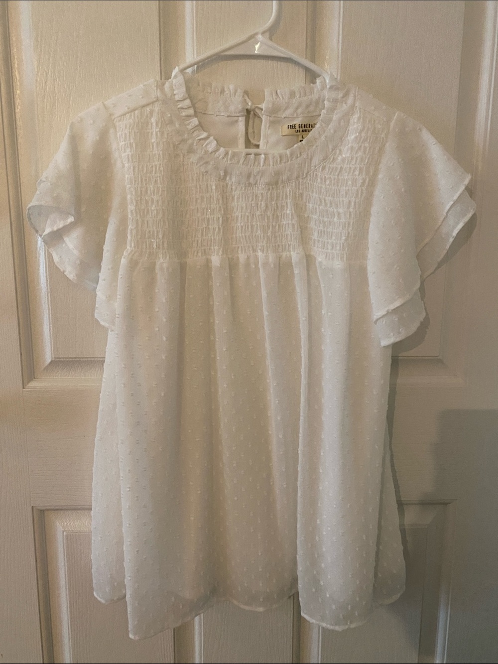 Free Generation White Swiss Dot Smocked Flutter Blouse